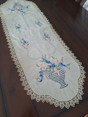 Cream Embroidered Floral Linen Table Runner with Blue & Pink Accents